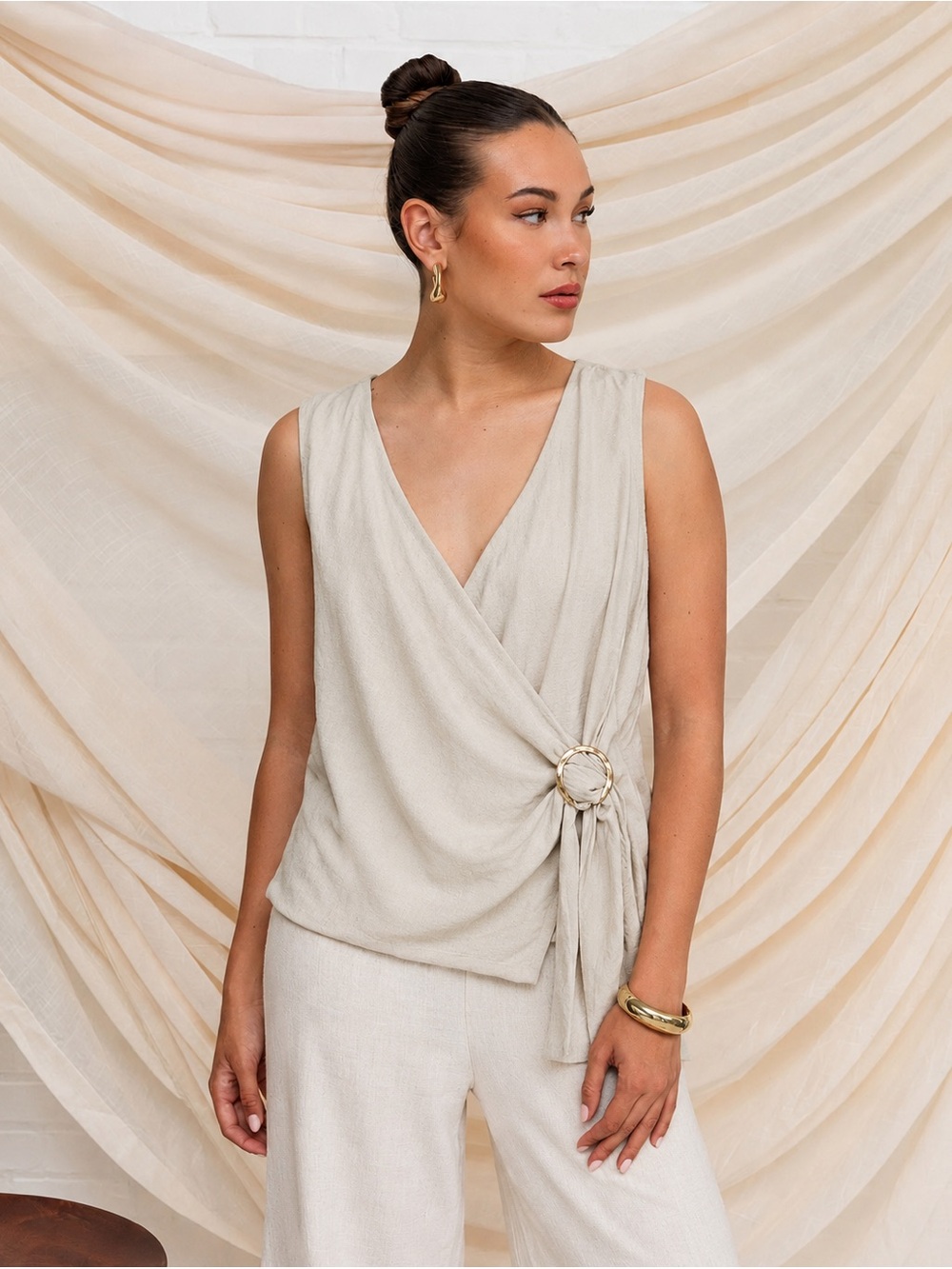 Crossover Wrap Top With Gold Ring
